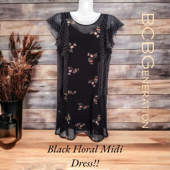 BCBGENERATION!! Popular 2pc Ensemble Black Floral Midi Dress!! A Just-Jen Fav!💖 - Picture 9 of 11